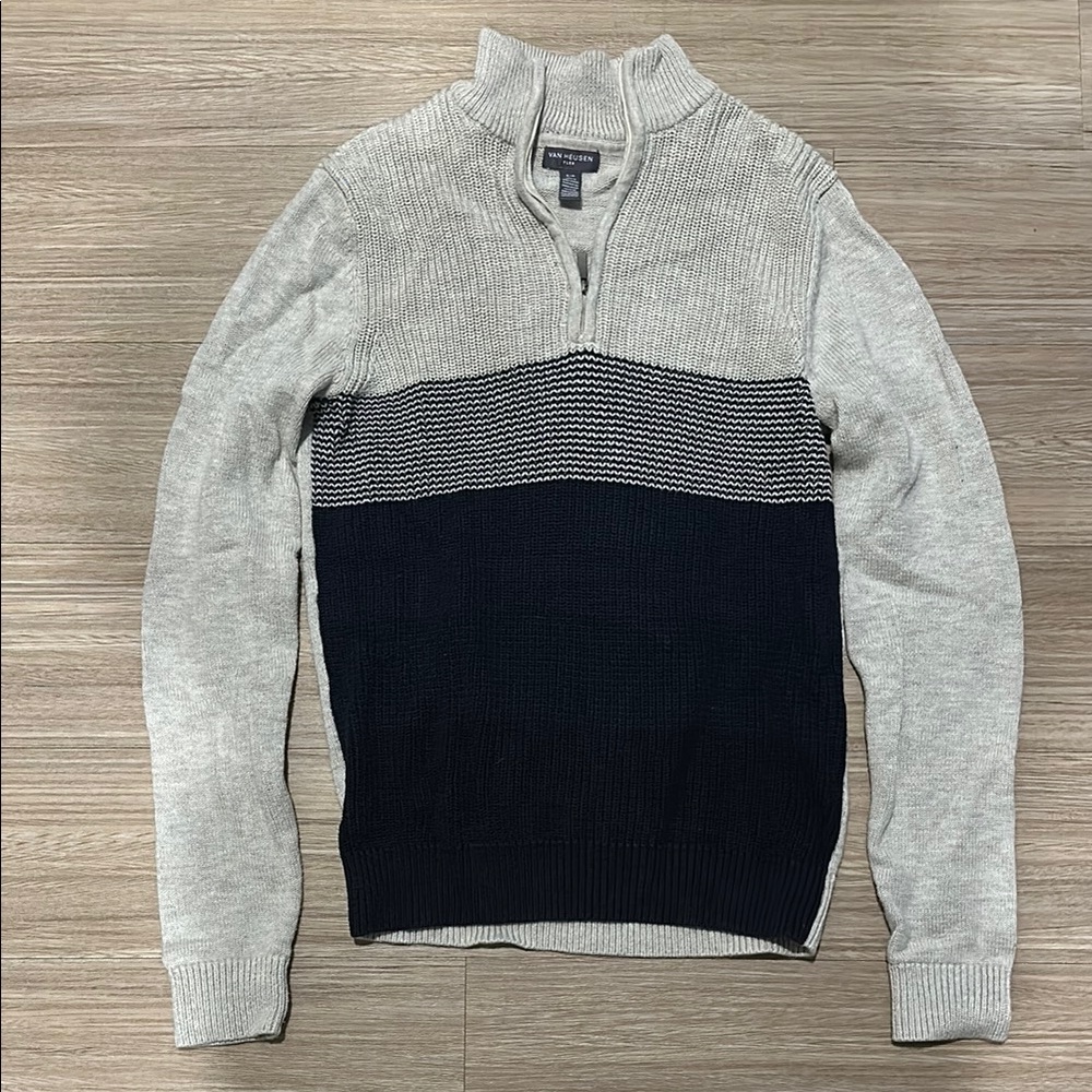 Van Heusen Gray and Blue Zip Up Sweater with Color Block Design